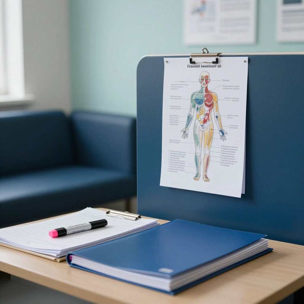 Anatomy chart above a study desk with training folders and a practice couch behind