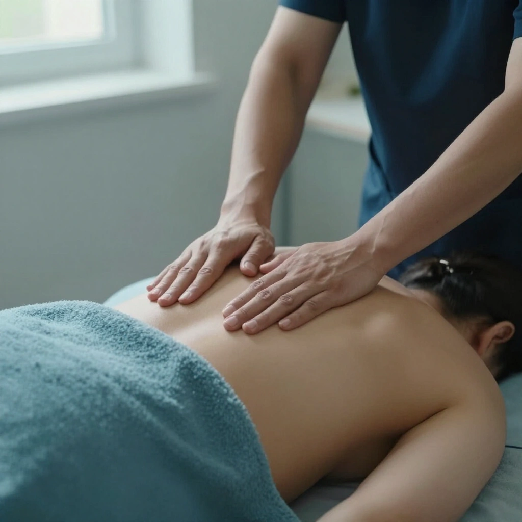 Back massage in progress with a warm towel draped over the client