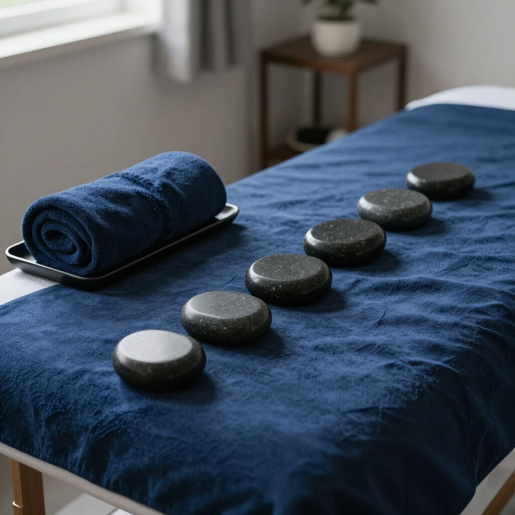 Basalt hot stones warming in a tray beside a made up treatment couch