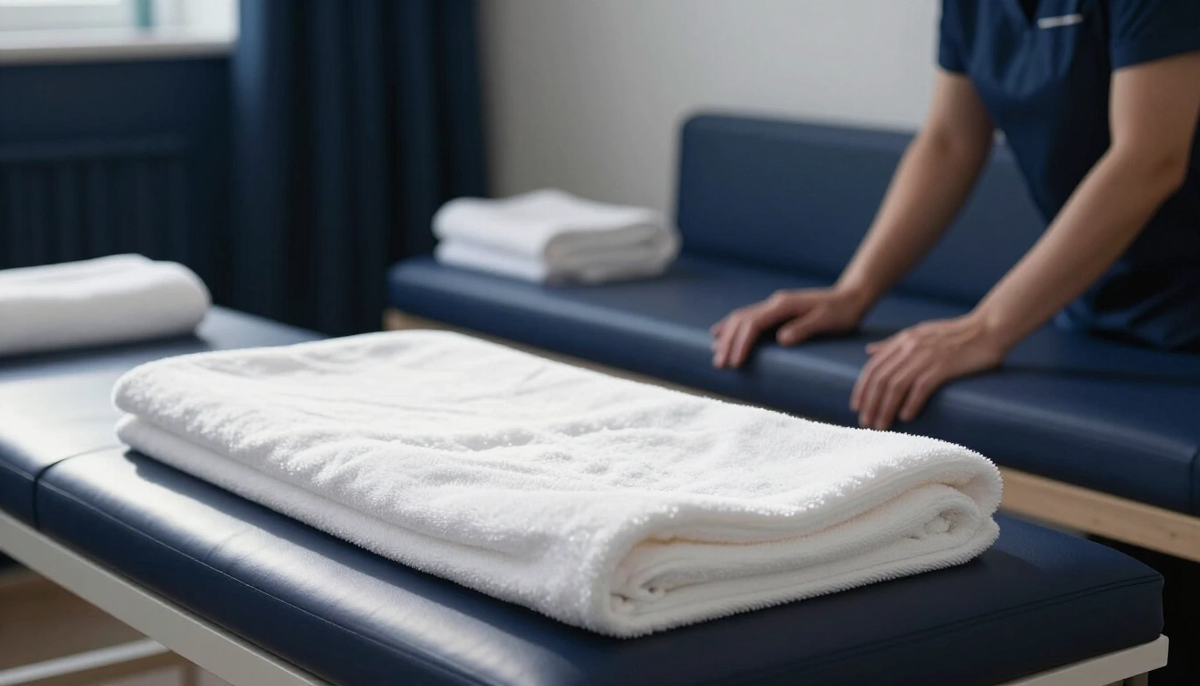 Navey Blu treatment room in Thornaby with folded towels on a navy bench