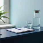 Reception corner with appointment book, water carafe and a potted fern