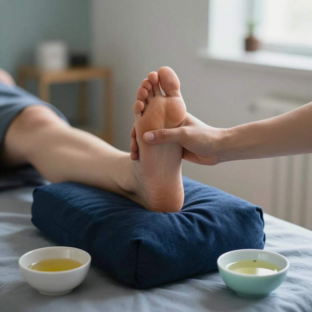 Reflexology session with thumb pressure applied to the sole of the foot