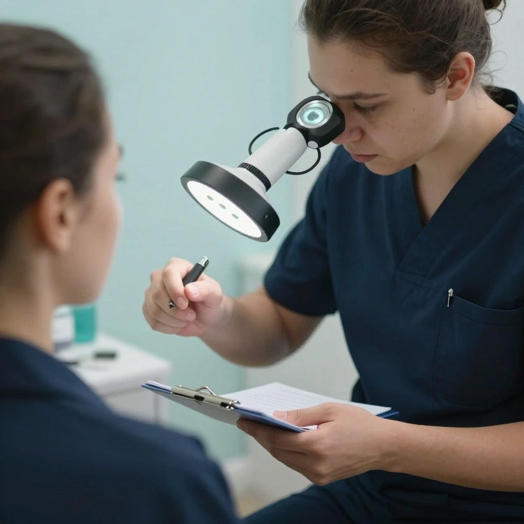 Skin consultation under a magnifying lamp before a facial begins