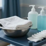 Steam towel in a stainless bowl next to cleansers and cotton pads