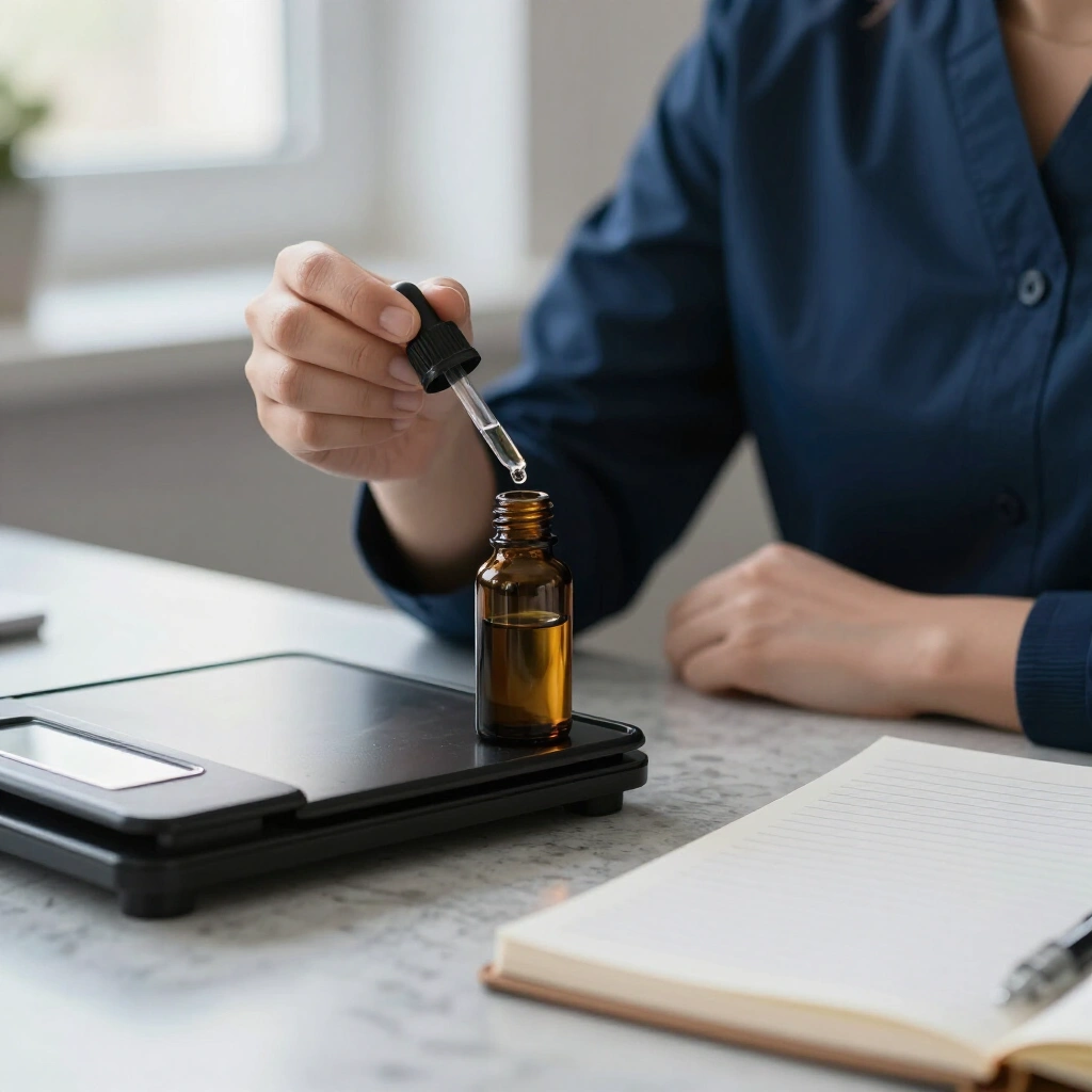 Therapist blending essential oils with a dropper, scale and notebook on the worktop